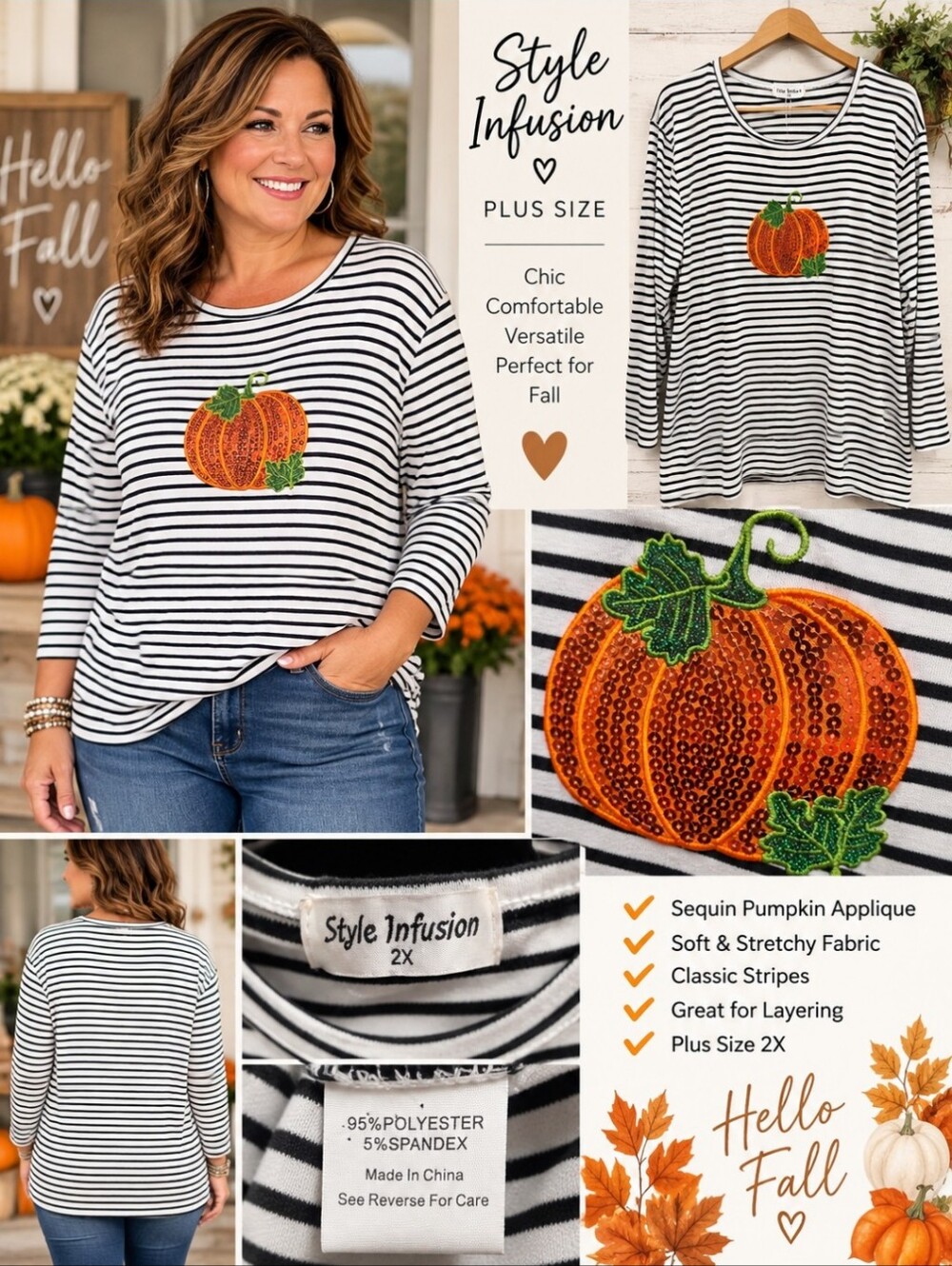 Plus Size Black & White Striped Long Sleeve Top with Orange Sequin Pumpkin